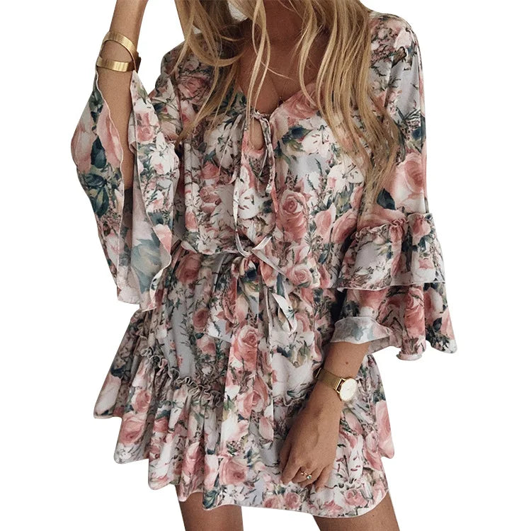 Spring Summer New Fashionable Printed Dress Sexy V-neck Lace Up Flared Sleeve Lace Up Mid Waist Pleated Short Dress