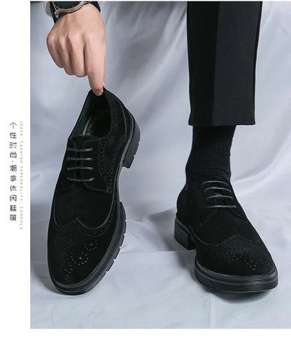 Leather Brock carved business dress shoes for men round head lace-up casual shoes