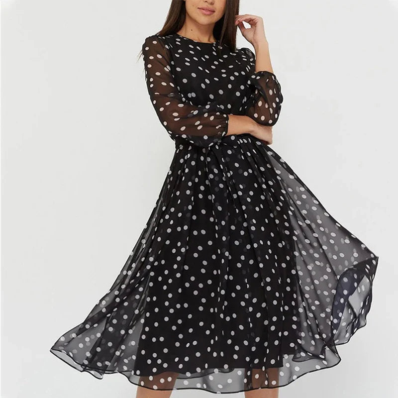 Spring and Summer Chiffon Dress Long Sleeved Solid Color Polka Dot Dress Elegant Lantern Sleeve Round Neck High Waisted Dresses