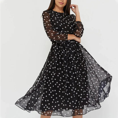 Spring and Summer Chiffon Dress Long Sleeved Solid Color Polka Dot Dress Elegant Lantern Sleeve Round Neck High Waisted Dresses