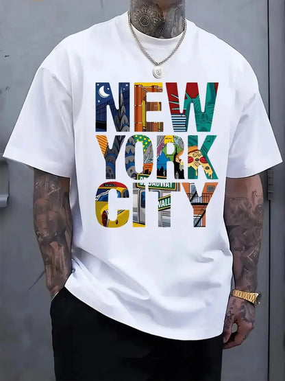 Men's Summer T-shirt 100% Cotton New York City Colorful Letter Print Design High-end Unique Street Style Casual Short-sleeved