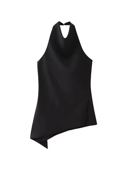 Womens Satin Halter Neck Top Asymmetrical Hem Sleeveless Blouse Elegant Party Club Summer Streetwear Crop Top