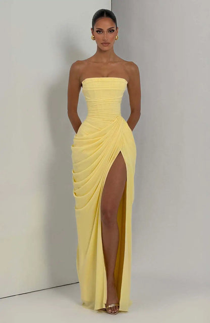 Women Sexy Solid Pleated Strapless Dress Lady Chic Off-shoulder Backless High Waist Split Dresses 2026 New Evening Party Gown