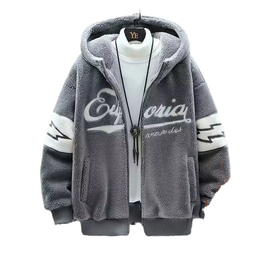 Jaqueta de Algodão Masculina para Estudantes, Blusão de Veludo Cordeiro Grosso Forrado com Fleece, Ajuste Solto Casual, Agasalho Quente para Outono Inverno