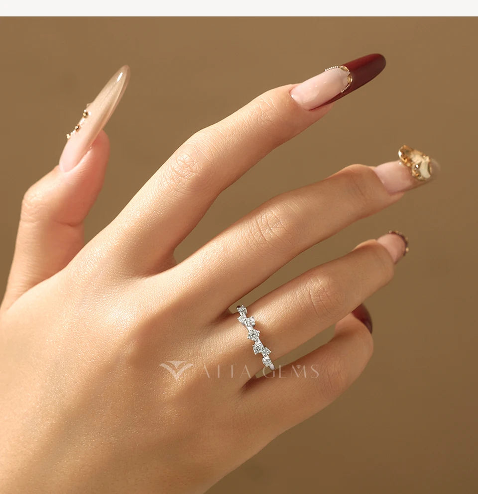 Simple Moissanite Women's Ring Asymmetric Cluster Half Eternity Stackable Band S925 Silver Daily Jewelry Birthday Gifts