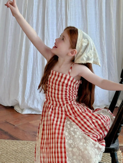 2025 Summer New Children Fairy Long Dress for Girls French Red Checkered Lace Splicing Lace Strap Dress