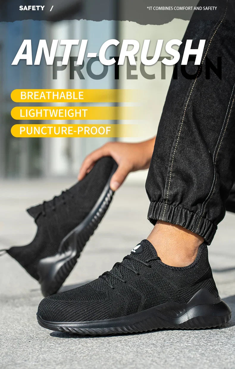 Men‘s Safety Shoes with Steel Toe Puncture Proof Anti-smash Work Sneakers Lightweight Breathable Black Sneakers for Construction