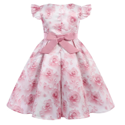 2026 summer new dress Europe and the United States small fly sleeve printed dress little girl host high-end performance clothing