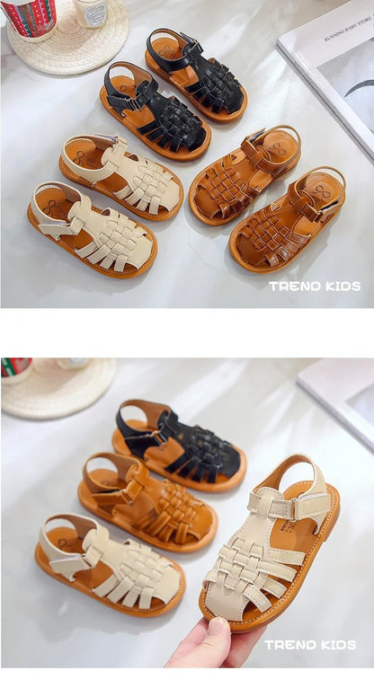 Toddler Sandals for Boys Cut outs Leather Shoes 2026 Summer Brand New Gladiator Sandals Weave Baby Boy Beach Shoes Flats H05096