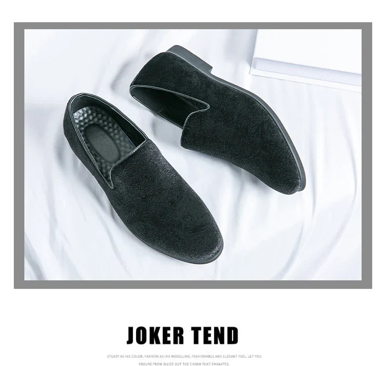 New British style men's hair stylist pattern suede lazy man slip-on bean loafers 46 plus-size pointed leather shoes