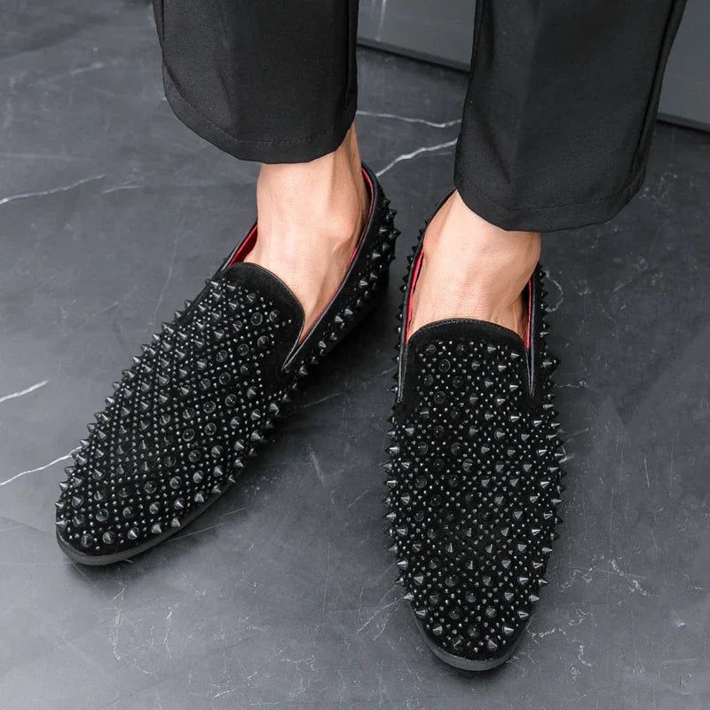 Hairdresser personality trend rivet hot diamond Loafers men's British vintage rhinestone shoe hipster leather shoes