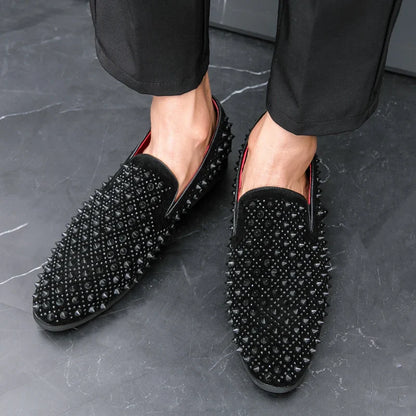 Hairdresser personality trend rivet hot diamond Loafers men's British vintage rhinestone shoe hipster leather shoes