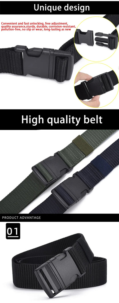 Men's Outdoor Tactical Belt - No Metal Buckle (Plastic), Nylon Canvas Woven, Heavy Duty High Quality Webbing