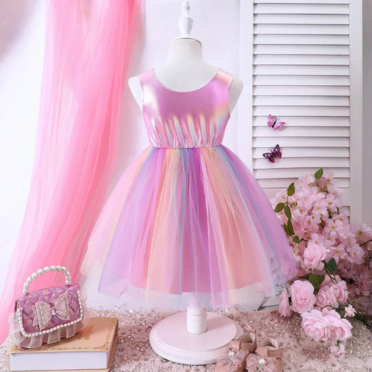 Toddler Girls' Rainbow Gradient Mermaid-Style Sleeveless Dress - Iridescent Mesh Skirt, Spring & Summer Party Princess Dress