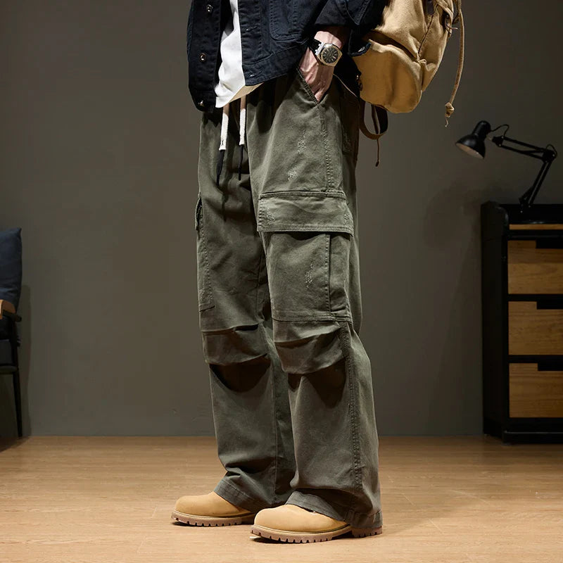 Men's Baggy Cargo Pants with Pockets 100% Cotton Drawstring Elastic Waist Wide Leg Outdoor Casual Pants Plus Size 8XL