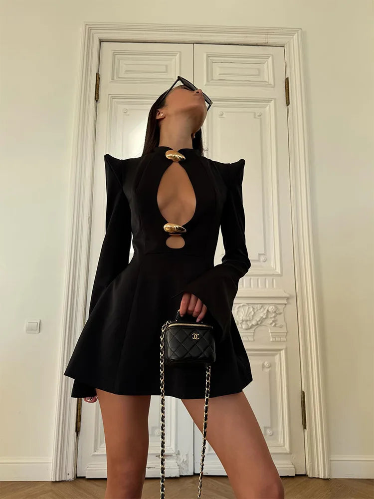 Elegant Women's Mini Dresses Solid Sexy Bodycon Slim Fit Hollow Out Regular Long Flare Sleeve A Line Trend Casual Female