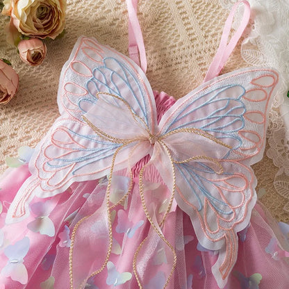 Girls Green Butterfly Dress Summer Children Colorful Mesh Dress Baby Sling Wings Princess Dress for Birthday 2-6T