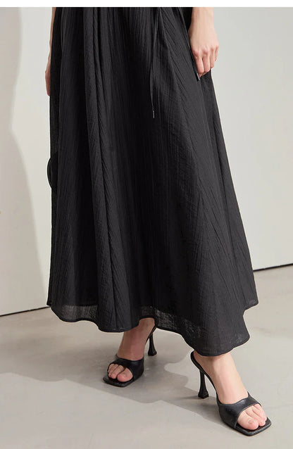 Minimalist New Summer Knee Length A-line Skirt Women Adjustable Drawstring Solid Color Commuting Style Loose Skirt 12522025