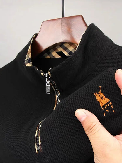 Luxury new Half Zipper Long Sleeve T-shirt 100% Cotton Brand Embroidered Stand Collar Men's Clothing Autumn Casual polo shirt