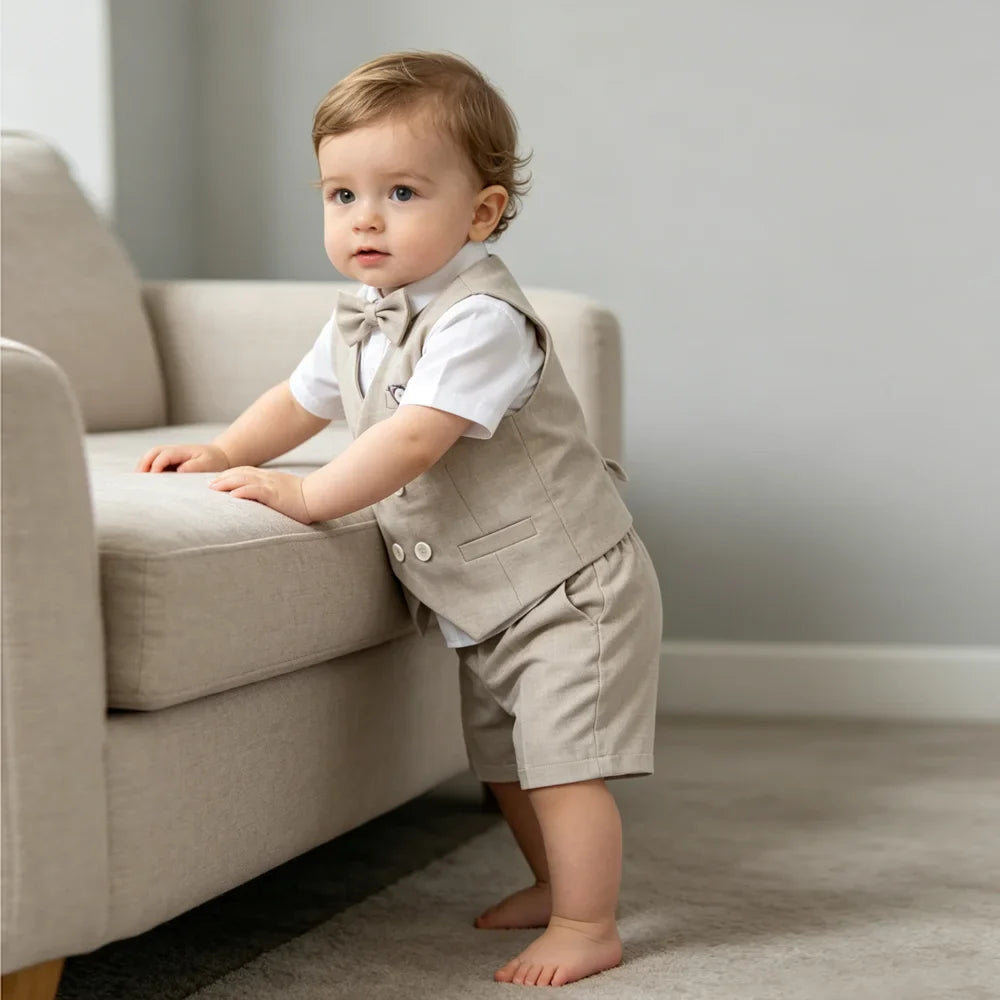 Summer Kids Boy Linen Suit Set Double Breasted Vest Shorts Bowtie for Ring Bearer Flower Boys Toddler Gentleman Outfit Clothes