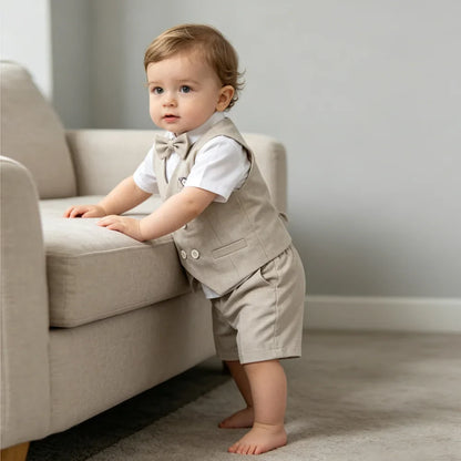 Summer Kids Boy Linen Suit Set Double Breasted Vest Shorts Bowtie for Ring Bearer Flower Boys Toddler Gentleman Outfit Clothes