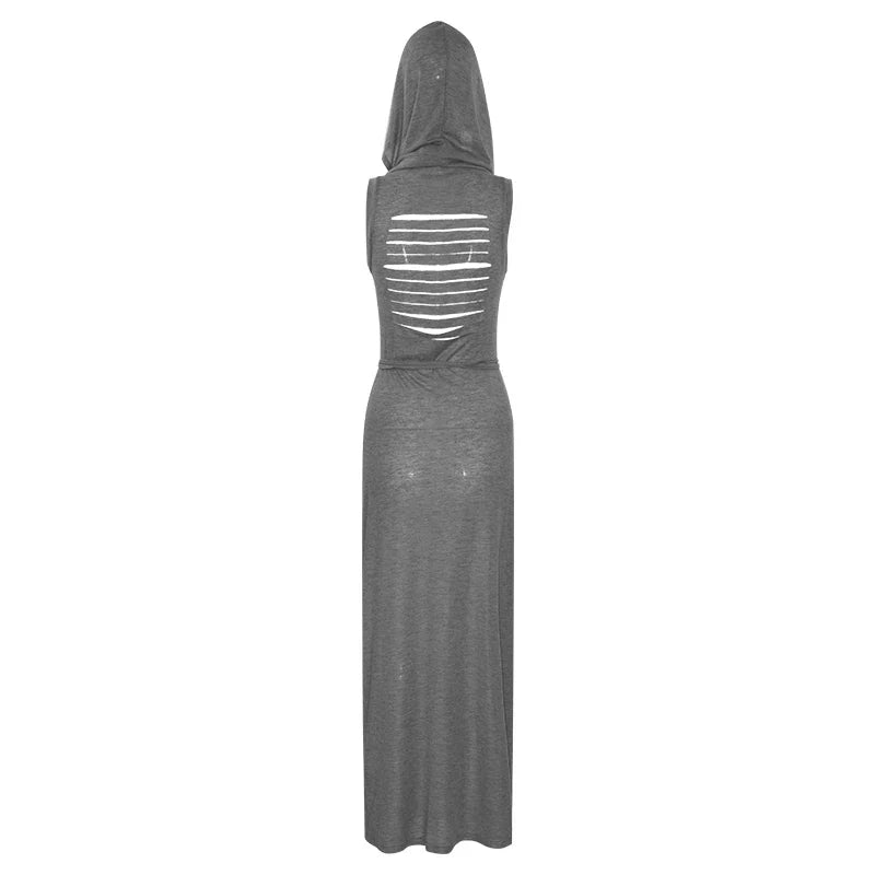 European And American Style Sleeveless Hooded Dress Long Split Hollow out Pure Color Women's Gown