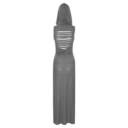 European And American Style Sleeveless Hooded Dress Long Split Hollow out Pure Color Women's Gown