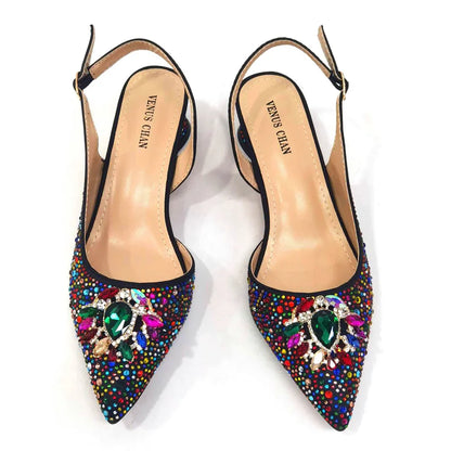 Sandálias Azul Royal Femininas Scarpin de Luxo Salto Médio Design de Strass Sapatos e Bolsas para Festa