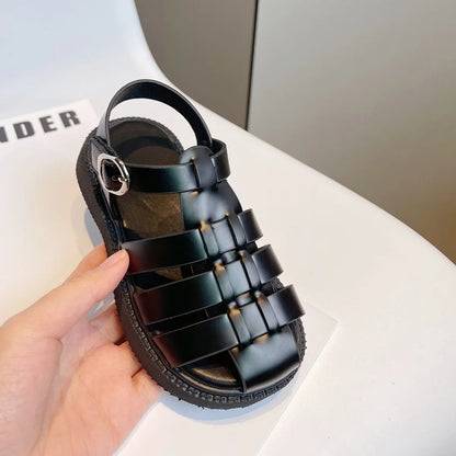 Children's Summer Sandals Girls Woven Baotou Princess Shoes Non-slip Hollow Roman Soft Sole Leather Shoes Buckle Roman Slippers