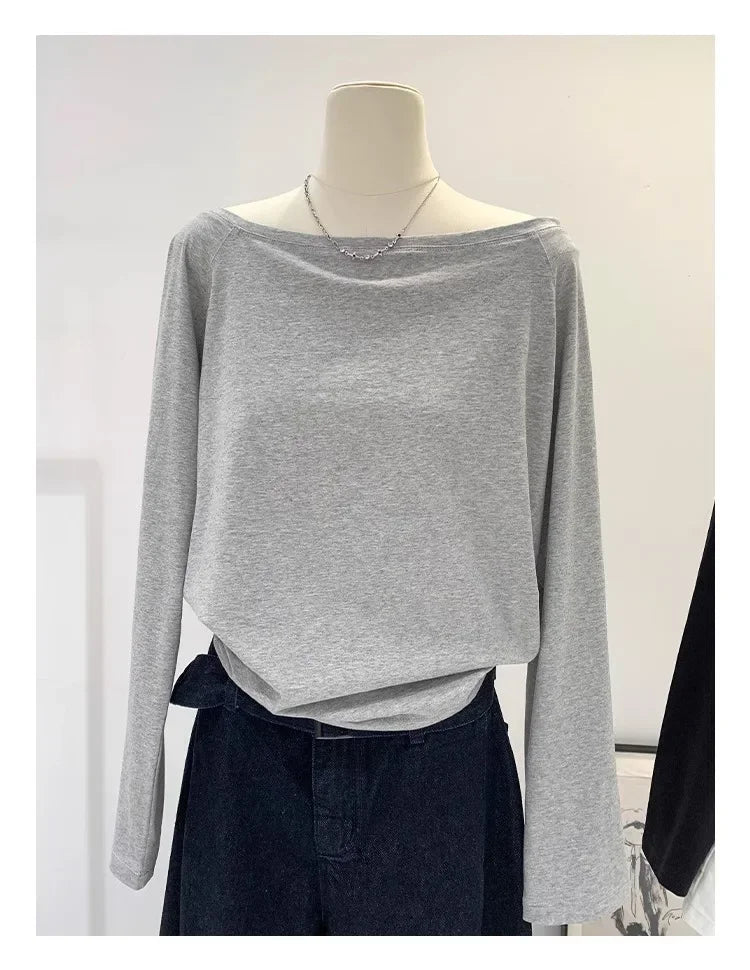 Autumn Winter One Shoulder Cotton Long Sleeve Slant Shoulder Women's Clothing Style Interior Wide Truffle Shoulder Base Shirt