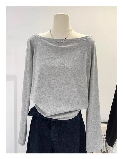 Autumn Winter One Shoulder Cotton Long Sleeve Slant Shoulder Women's Clothing Style Interior Wide Truffle Shoulder Base Shirt