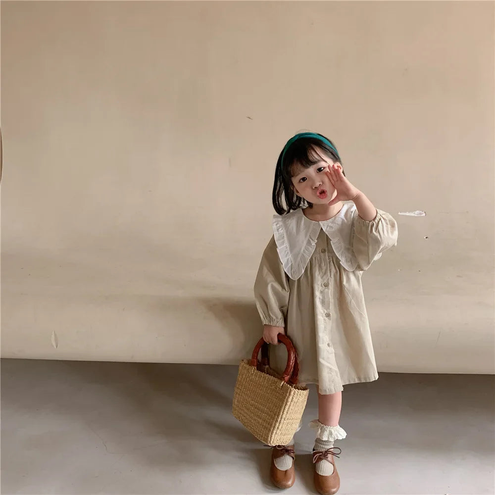 Baby Girls Dress Casual Plaid Clothes Summer New Korean Cotton Linen Girls Princess Dress Big Turn Down Collar Dress