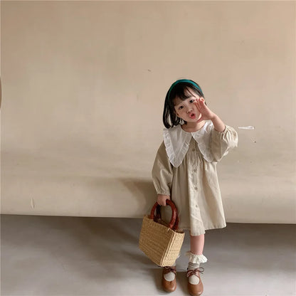 Baby Girls Dress Casual Plaid Clothes Summer New Korean Cotton Linen Girls Princess Dress Big Turn Down Collar Dress