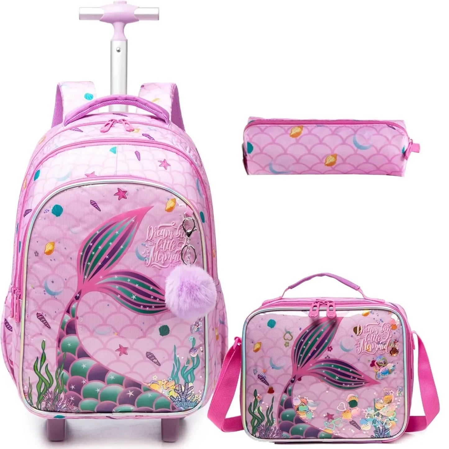 Children's Wheeled Backpack Bag Set with Lunch Box School Rolling Backpack Bag with Wheels School Trolley Backpack Bag for Girls