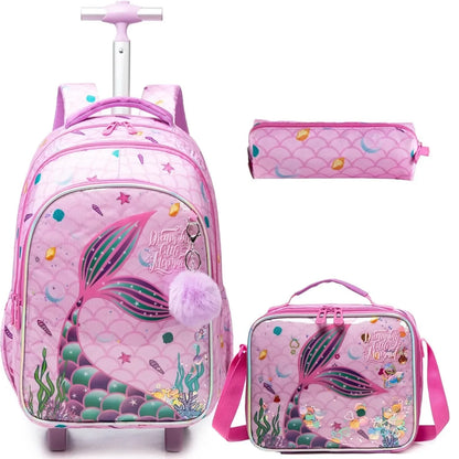 Children's Wheeled Backpack Bag Set with Lunch Box School Rolling Backpack Bag with Wheels School Trolley Backpack Bag for Girls