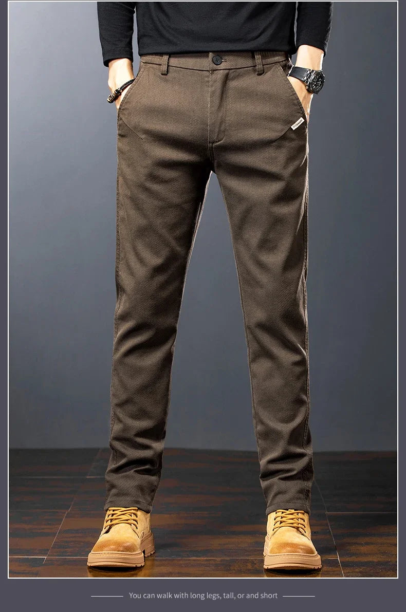 Spring Men's Slim Casual Pants Business Straight Twill Cotton Elastic Trousers Brand Fashion Korean Clothing Coffee Black Gray
