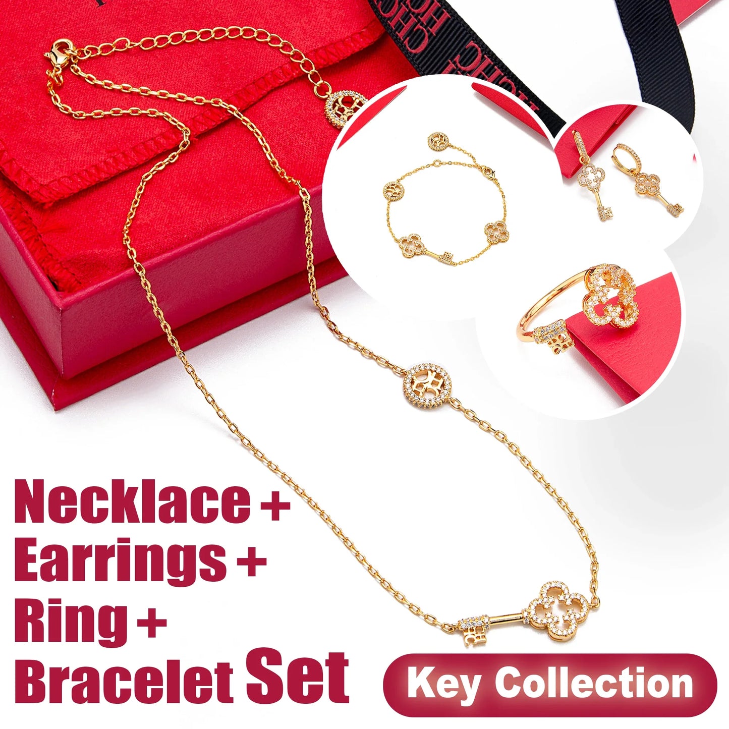 2025 Key Shape Jewelry Set Necklace Earrings Bracelet Ring Gold Plated Brass Zircon Adjustable Light Luxury Gift For Her Party
