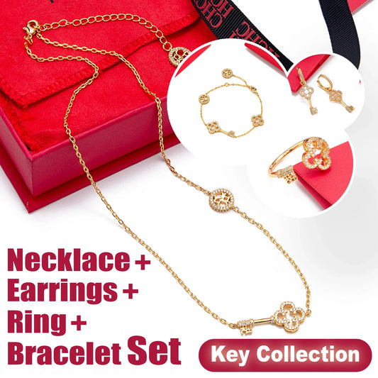 2025 Key Shape Jewelry Set Necklace Earrings Bracelet Ring Gold Plated Brass Zircon Adjustable Light Luxury Gift For Her Party