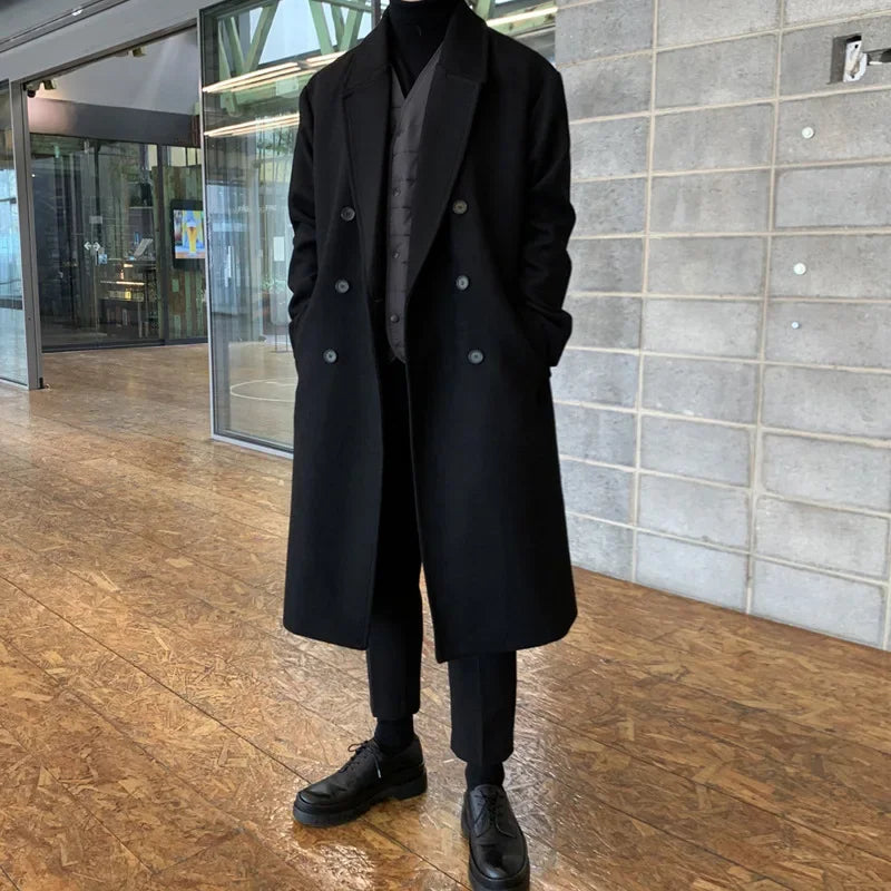 Jaqueta Masculina Nova 2023 de Comprimento Médio, Modelo Grosso, Abotoamento Duplo, Sensação Premium, Sobretudo de Lã Estilo Coreano para Outono Inverno