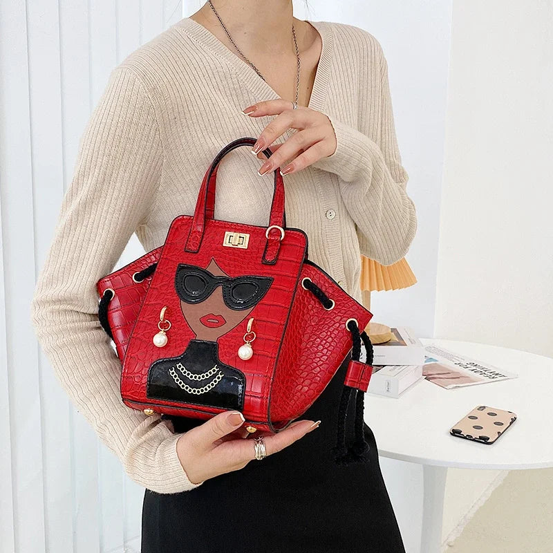 Cartoon Girl Handbag High Quality PU Leather Shoulder Bag for Women Pearl Crossbody Bag Designer Messenger Bag Female Satchel