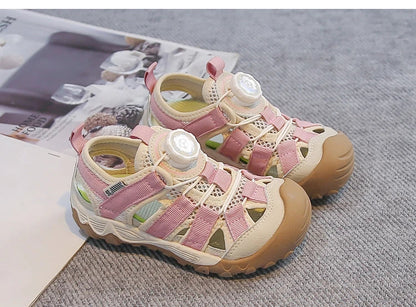 Kids' Rotating Button Closed-Toe Sandals, Breathable Mesh Shoes, Non-Slip Boy Girls Barefoot Shoes Summer Casual Sports Sandals