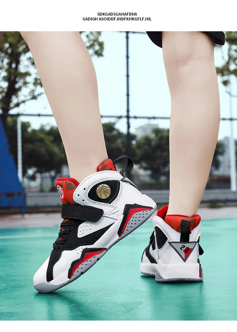 Children Summer High Top Basketball Shoes Boy Breathable Anti Slip Casual Sneakers Man Velcro Non Slip Rebound Kid Running Shoes
