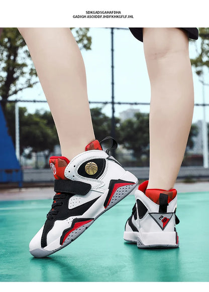 Children Summer High Top Basketball Shoes Boy Breathable Anti Slip Casual Sneakers Man Velcro Non Slip Rebound Kid Running Shoes