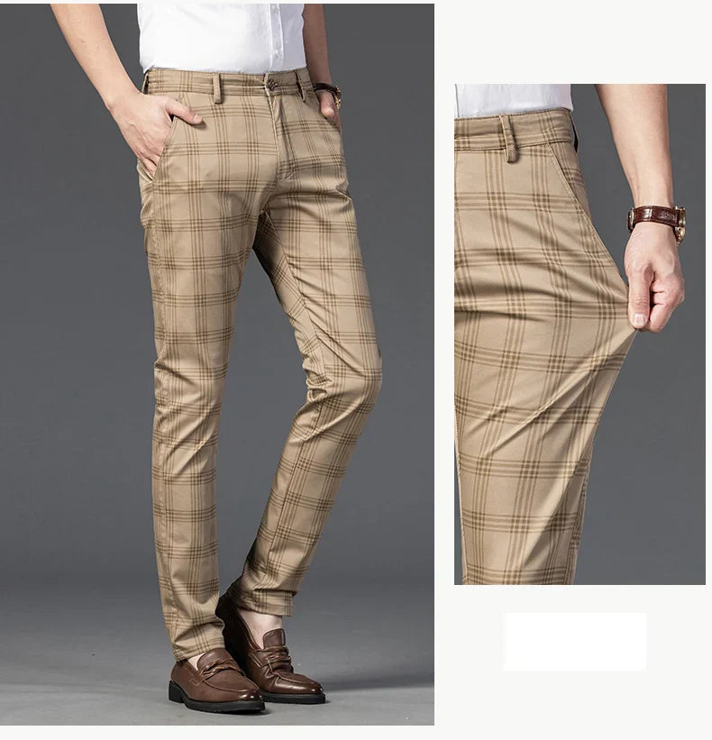 Brand Clothing Mens Casual Pants Fashion Plaid Classic Business Formal Trousers Elastic Straight Social Luxury Suit Pants