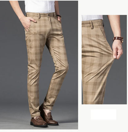 Brand Clothing Mens Casual Pants Fashion Plaid Classic Business Formal Trousers Elastic Straight Social Luxury Suit Pants
