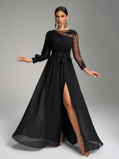 round Neck Asymmetrical Lantern Sleeve Luxury Bead Splicing Belted Waist Black Elegance Evening Dress Evening Gown