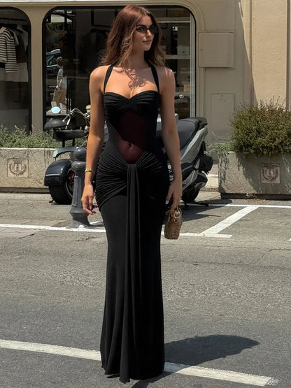 Mesh Patchwork Dress Women Summer Trend Off Shoulder Backless Ruched Ribbon Midnight Prom Party Hipster Vestidos
