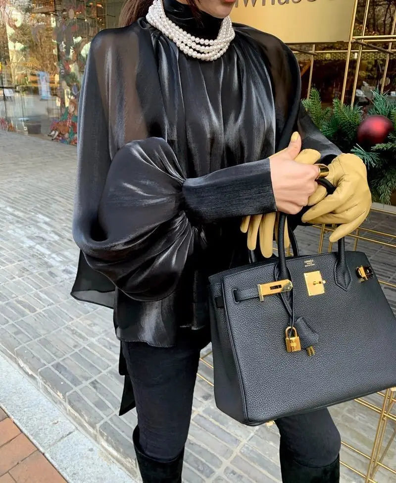 Spring Autumn Women Fashion Tops New Shirts Lantern Sleeve Stand Collar Solid Casual Vintage Elegant Temperament Long-Sleeved