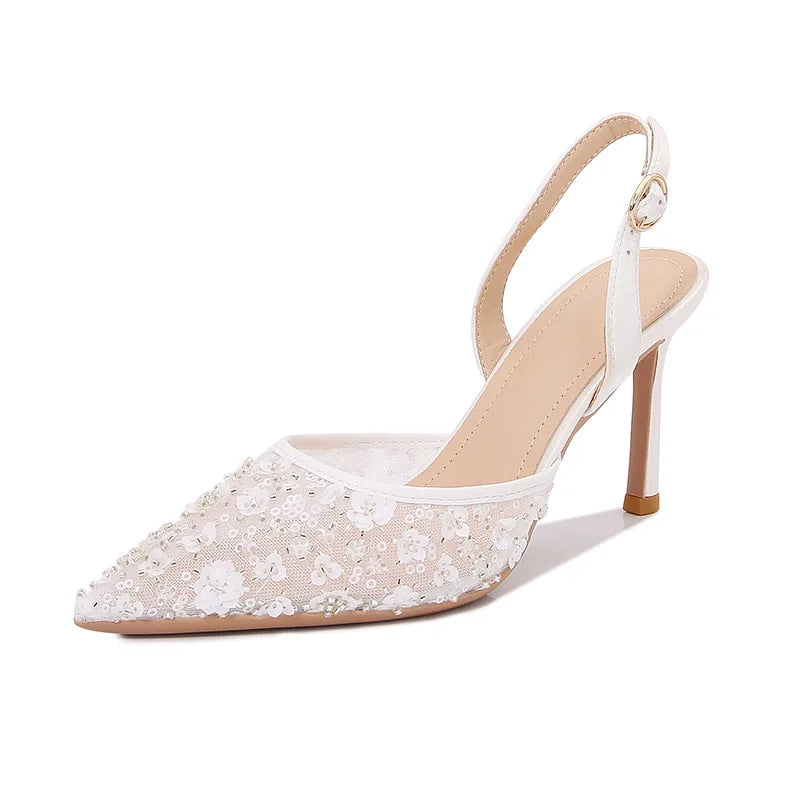 Size 34-42 2025 Summer Beaded High Heel Wedding Shoes Women Lace Mesh Party Dress Shoes