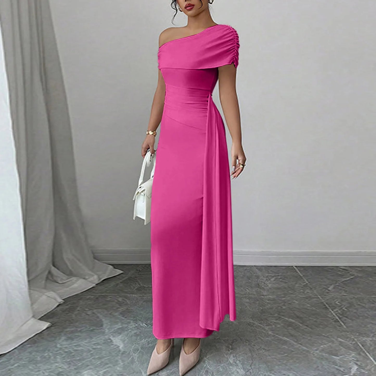 Vestidos Longos de Festa Sensuais para Mulheres, Vestido de Cor Sólida sem Mangas com Decote Diagonal, Vestido Maxi Plissado Justo, Vestido Bodycon Moderno